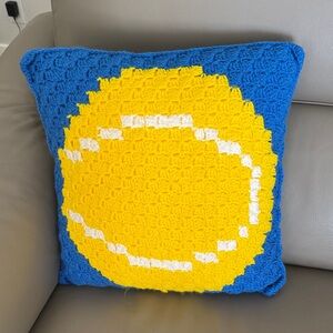 Tennis Ball Blue and Yellow Crochet Pillow 18”x 18”